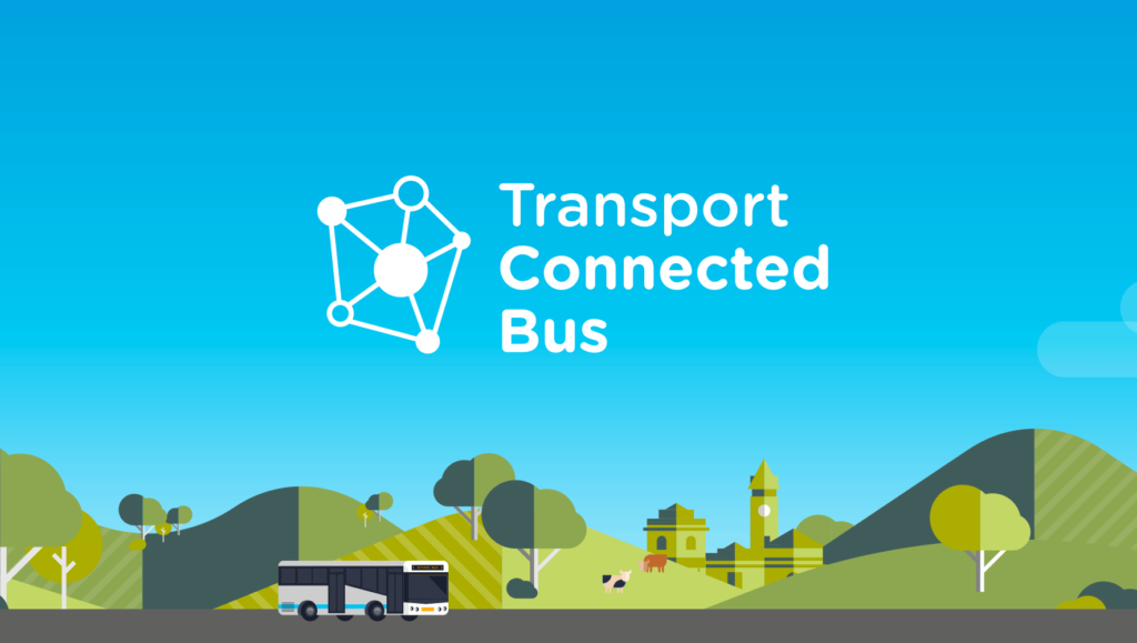 Animated landscape with a bus and trees. 'Transport Connected Bus' title above.