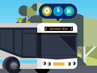 Illustration of a school bus with a speech bubble hovering over it. The speech bubble has icons of location, time and people