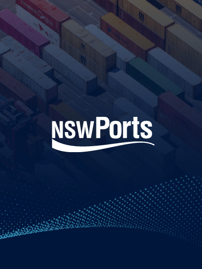 NSW Ports logo on a navy background with freight containers and the NSW Ports Master Plan pattern