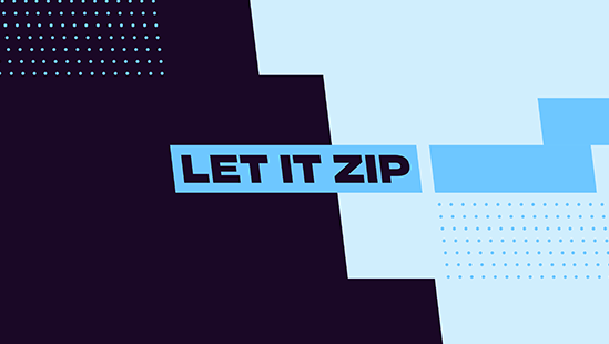 "Let It ZIP" written amongst the blue and dark purple brand graphic elements