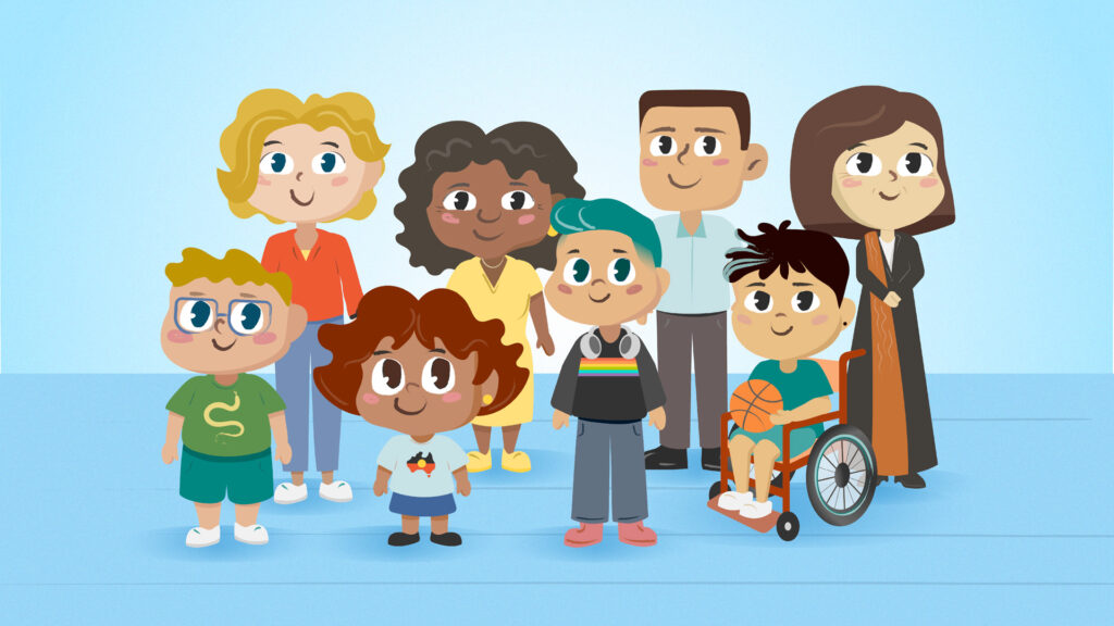 A group of illustrated adults and kids standing together, smiling and facing the viewer.
