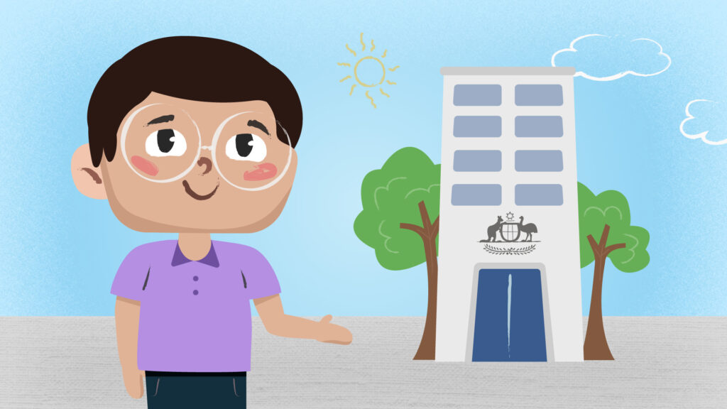An illustrated scene of a Child Expert smiling, standing in front of the Family Court.