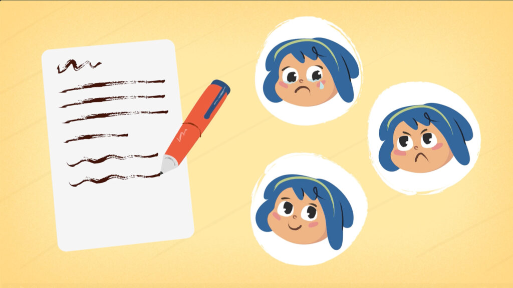 An illustrated scene of a report being written, recording a child's emotions.