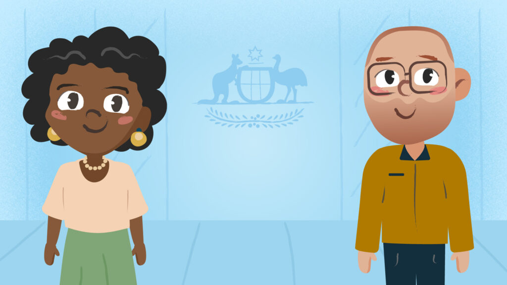 An illustrated scene of two parents standing in front of the Federal Court of Australia, smiling at the viewer.