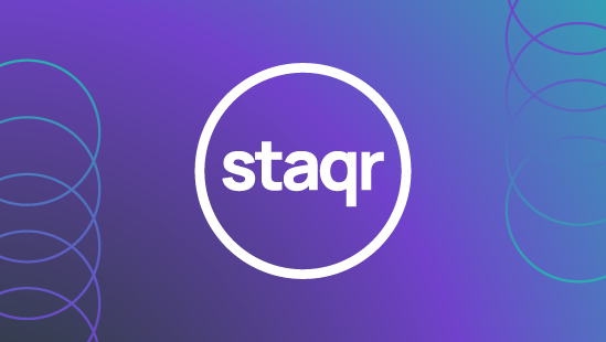 The Staqr logo on a purple-turquoise gradient, with overlapping circle patterns on either side.
