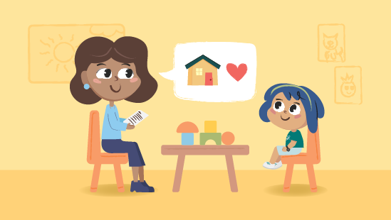 An illustrated image of a Family Expert sitting down talking to a child about their home situation.